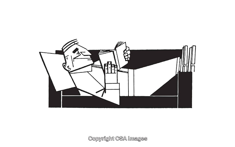 Black and White Drawing of a Man Relaxing and Reading