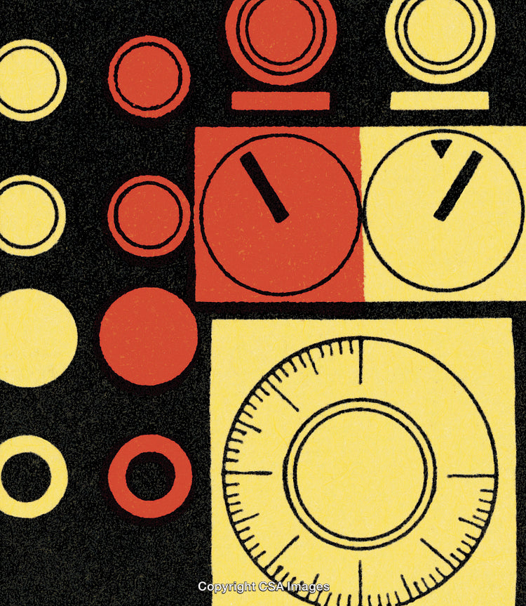 Abstract Geometric Patterns in Red, Yellow, and Black Circular Motifs
