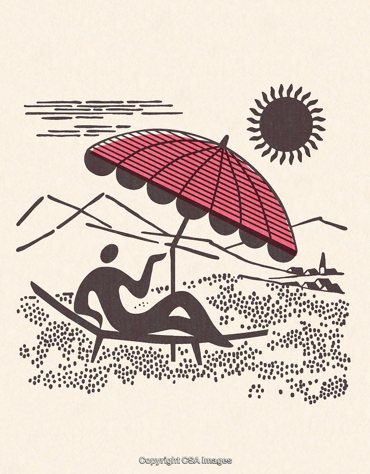 Minimalist Illustration of a Relaxing Beach Scene Under a Bright Sun