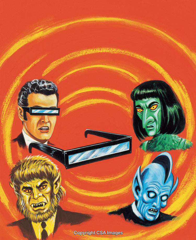 Surreal Illustration Featuring Monsters, Characters, and a Pair of Floating Hypnotic Glasses