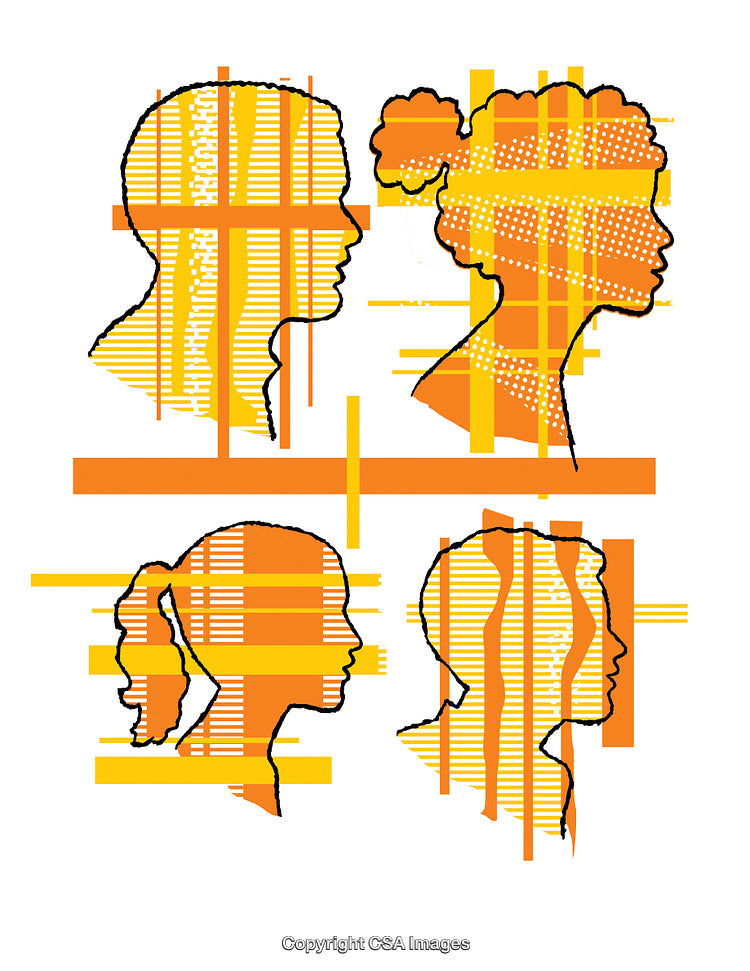 Abstract Silhouettes of Faces with Geometric Graphic Overlay in Orange Hues