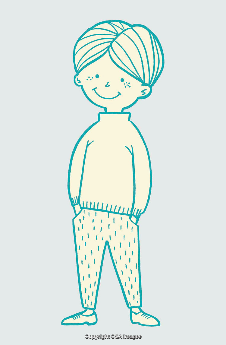 Smiling Cartoon Boy in Casual Outfits, Hands in Pockets, Line Art Style