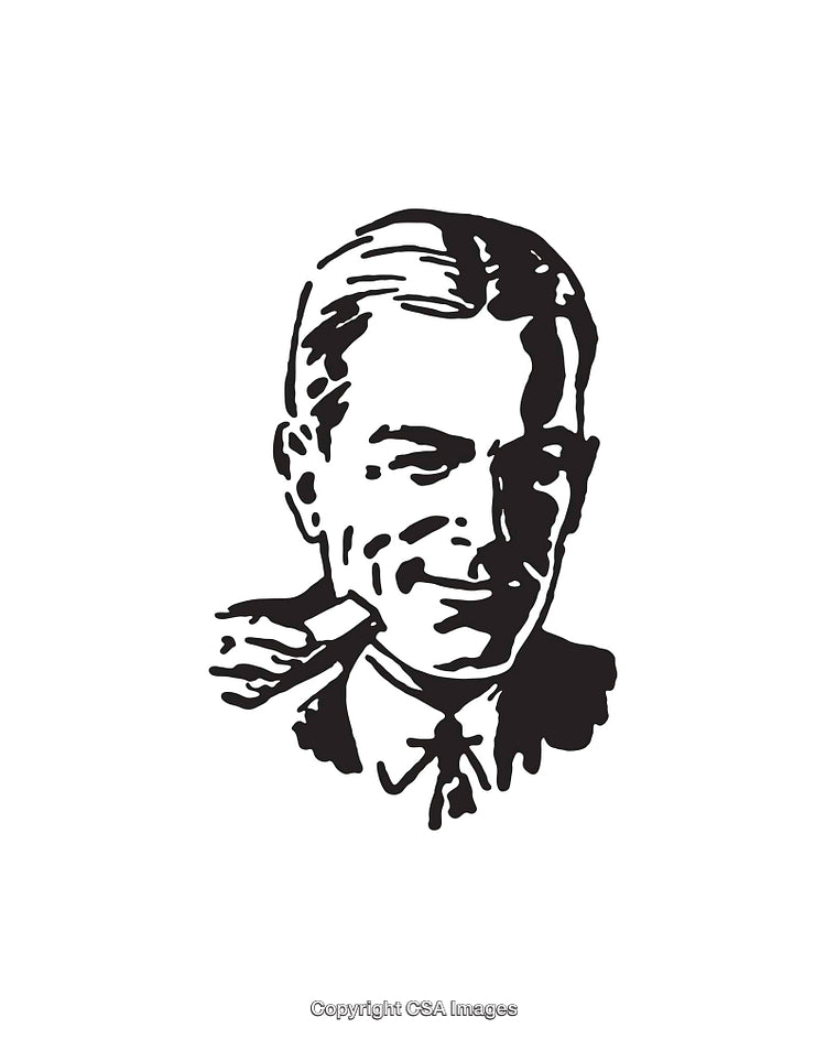 Black and White Line Art Illustration of a Smiling Businessman