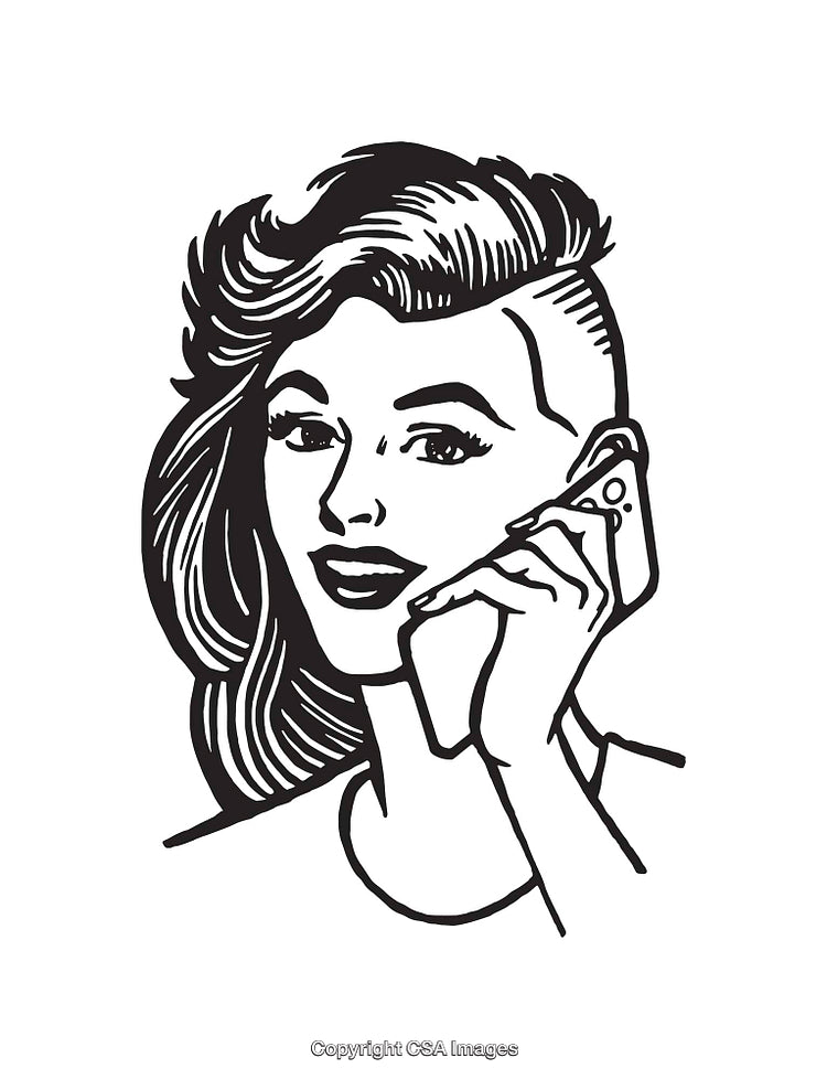 Black and White Line Art of Woman Using Smartphone with Modern Hairstyle