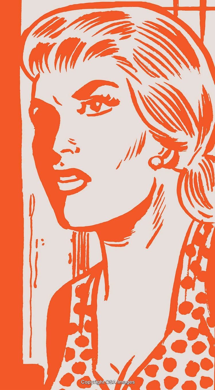 Retro Comic Style Illustration of Surprised Woman in Orange Tones