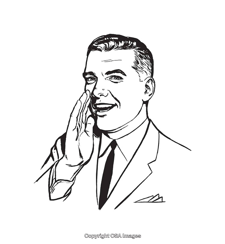 Retro Black and White Line Art of a Man Whispering in a Suit