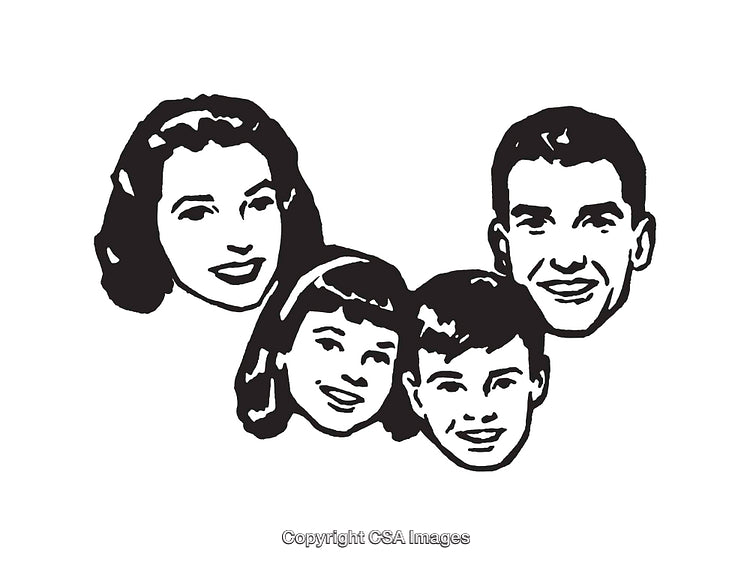 Vintage Black and White Illustration of a Happy Family Portrait