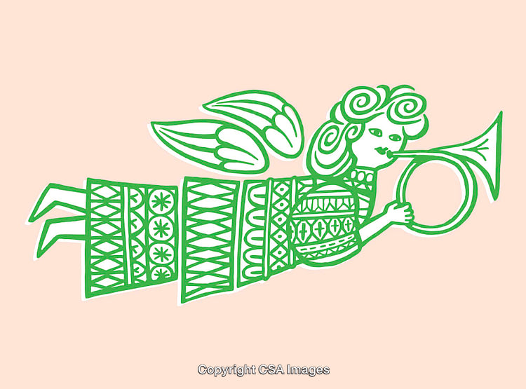 Colorful Line Art Illustration of an Angel Playing a Trumpet with a Patterned Dress