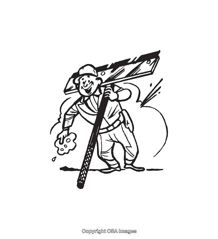 Black and White Illustration of a Worker Carrying a Large Tool