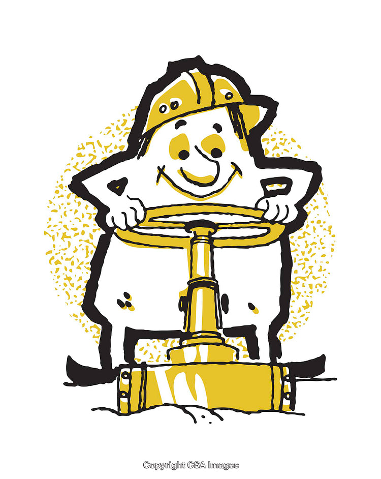 Colorful Cartoon Illustrated Worker in Safety Helmet Operating an Industrial Valve