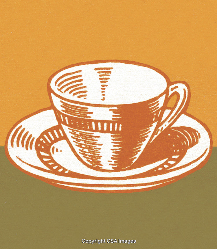 Vintage Illustration of a Teacup on Saucer with Orange and Olive Background
