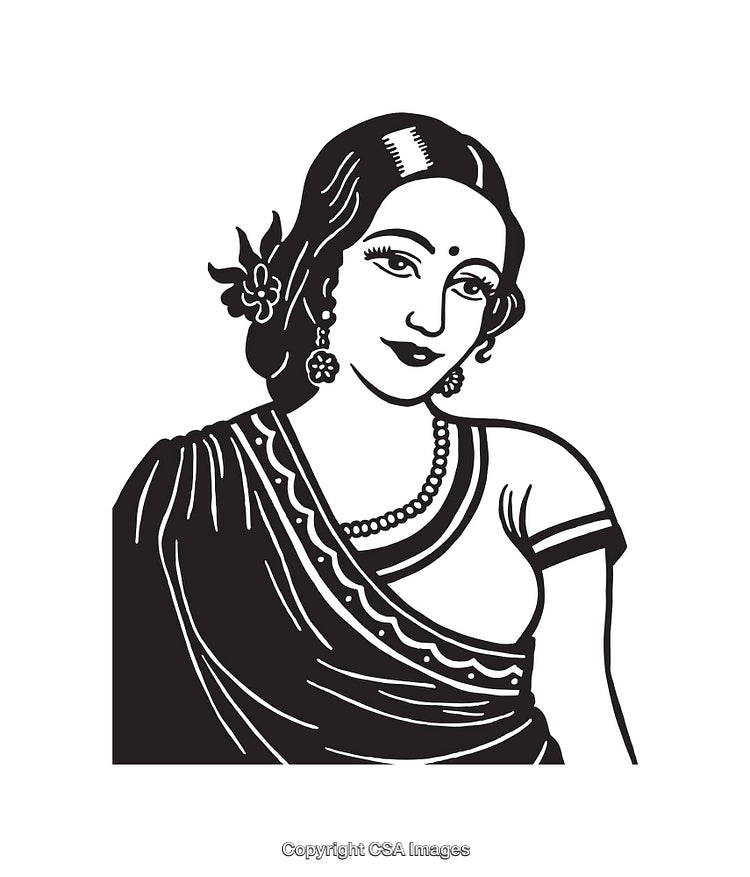 Black and White Line Art Illustration of a Traditional Woman