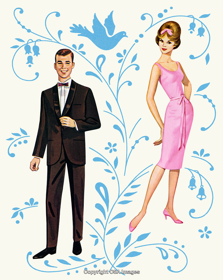 Elegant Retro Illustration of a Couple in Vintage Fashion and Artful Background