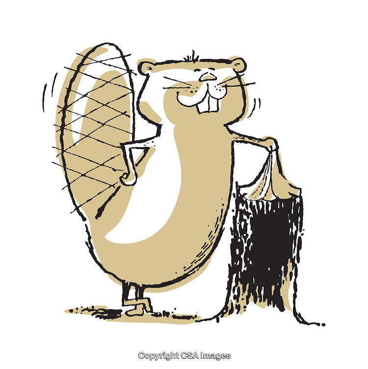 Cartoon Illustration of a Cheerful Beaver Holding a Stick of Wood