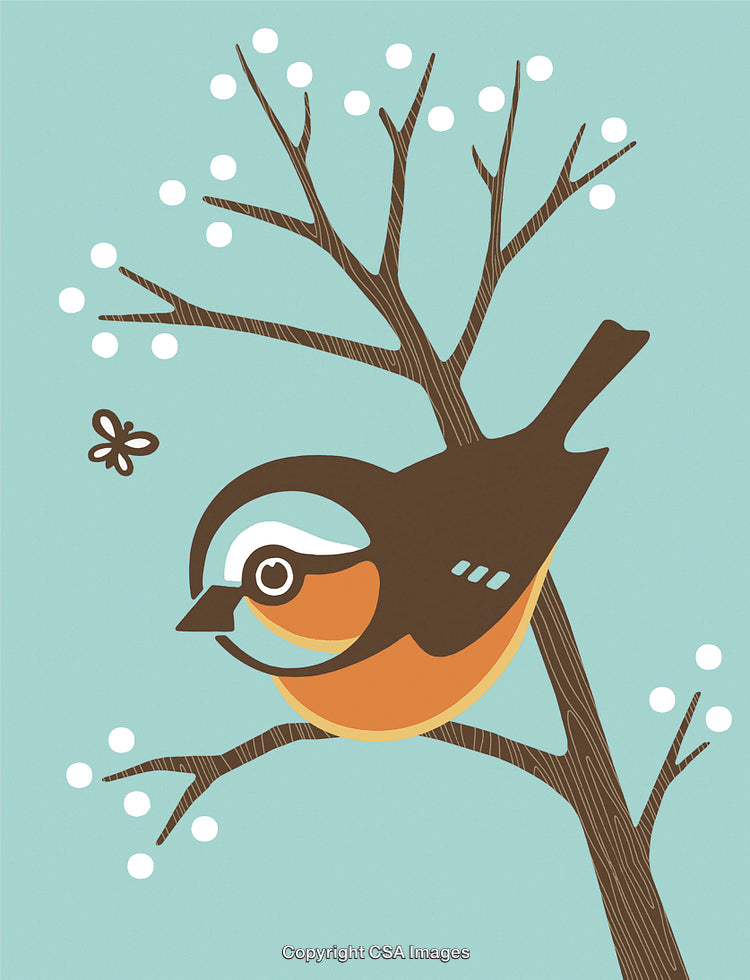 Minimalist Illustration of a Cute Bird on Blossom Tree