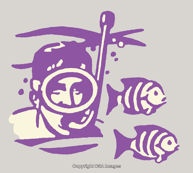 Illustration of a Snorkeler Underwater with Tropic Fish in Line Art Style
