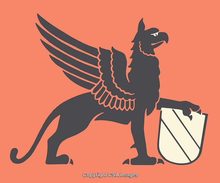 Majestic Griffin Silhouette Against Orange Background with Winged Crest