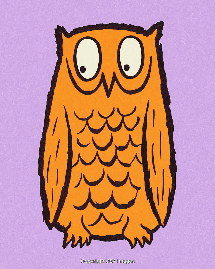 Bright Orange Cartoon Owl with Bold Features on a Purple Background