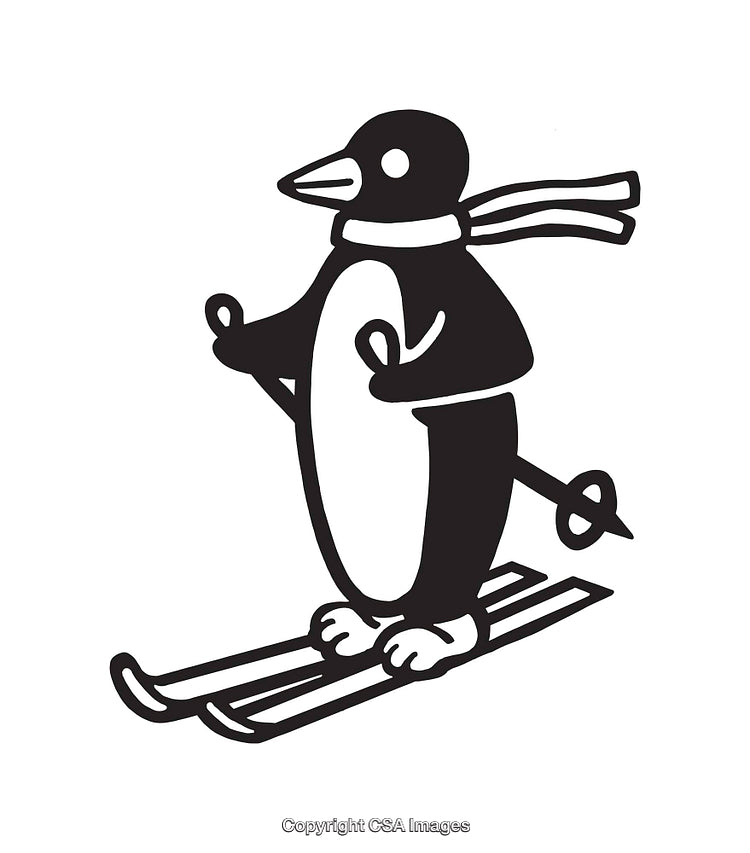 Cartoon Penguin Skiing in Winter Sport Outfit Line Art Illustration