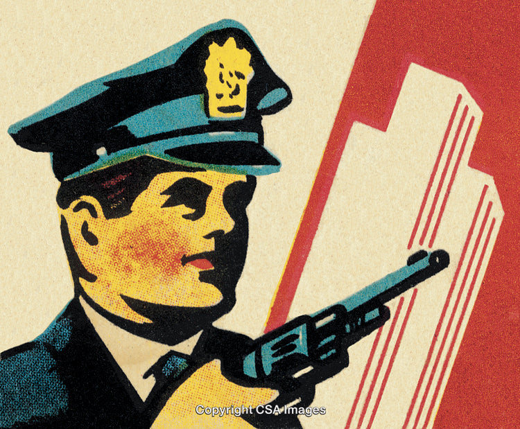 Retro Illustration of Police Officer Holding a Firearm with Urban Backdrop