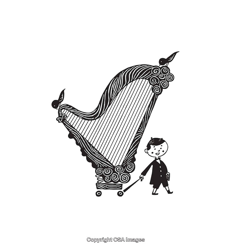 Black and White Illustration of Boy Pulling Decorative Harp