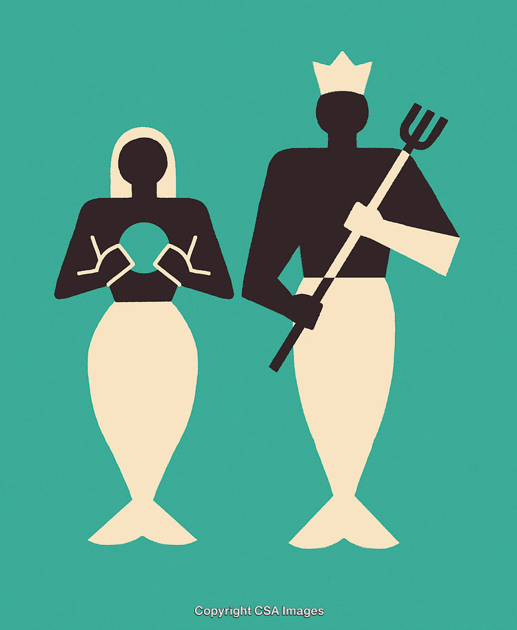 Abstract Silhouette of Mythical Mermaid and Poseidon on Teal Background