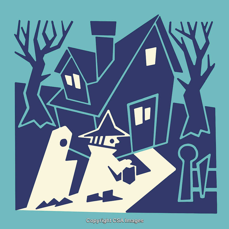 Mysterious Night Scene with Witch and Haunted House Silhouettes