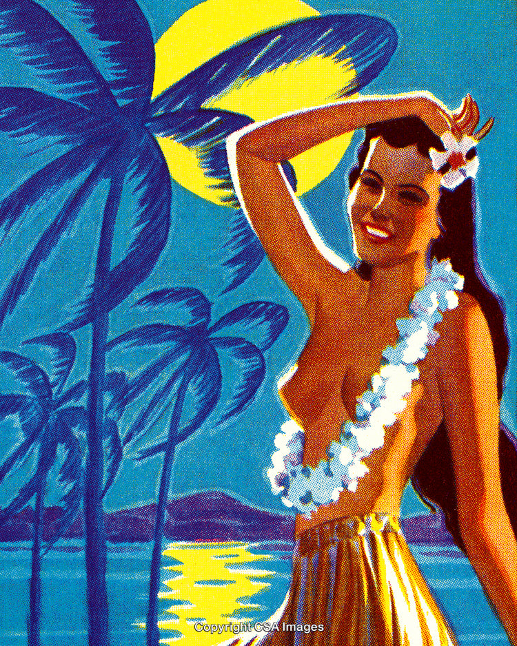 Tropical Night Scene with Polynesian Dancer and Full Moon