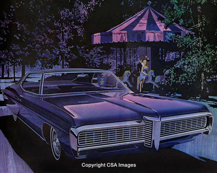 Classic Car Parked Near Carousel in Purple Evening Scene