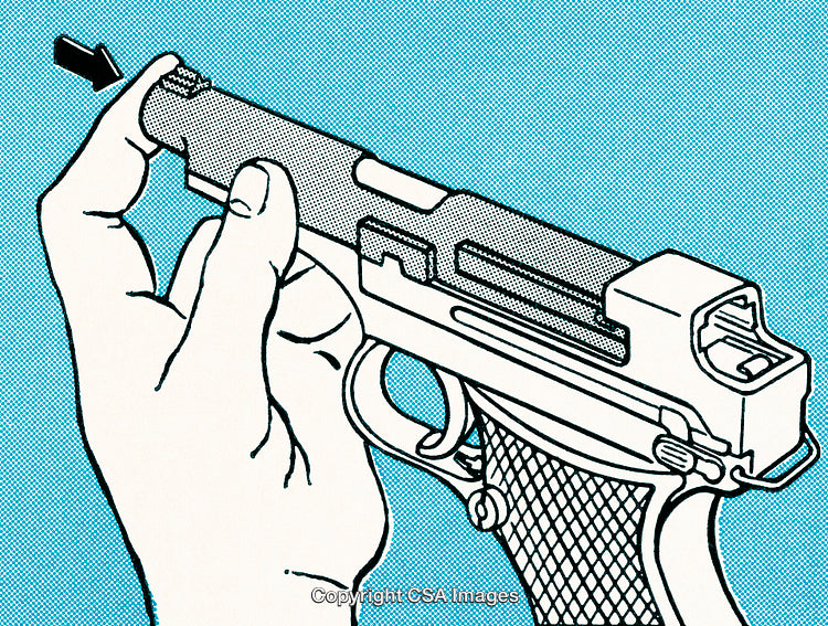 Hand Adjusting Handgun Sights on A Blue Halftone Background Illustration
