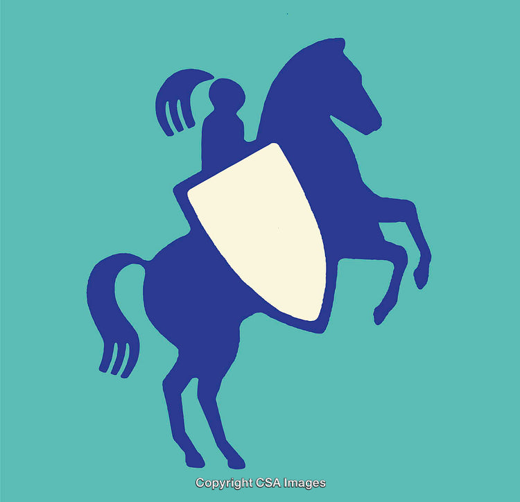 Stylized Illustration of a Knight on Horseback with Shield on Teal Background
