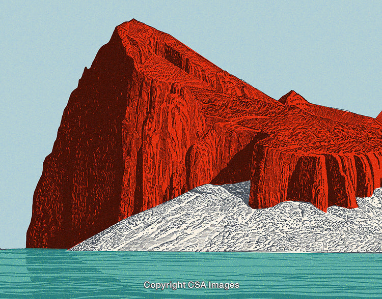 Illustration of a Bold Red Rock Cliff Overlooking a Calm Teal Water Body