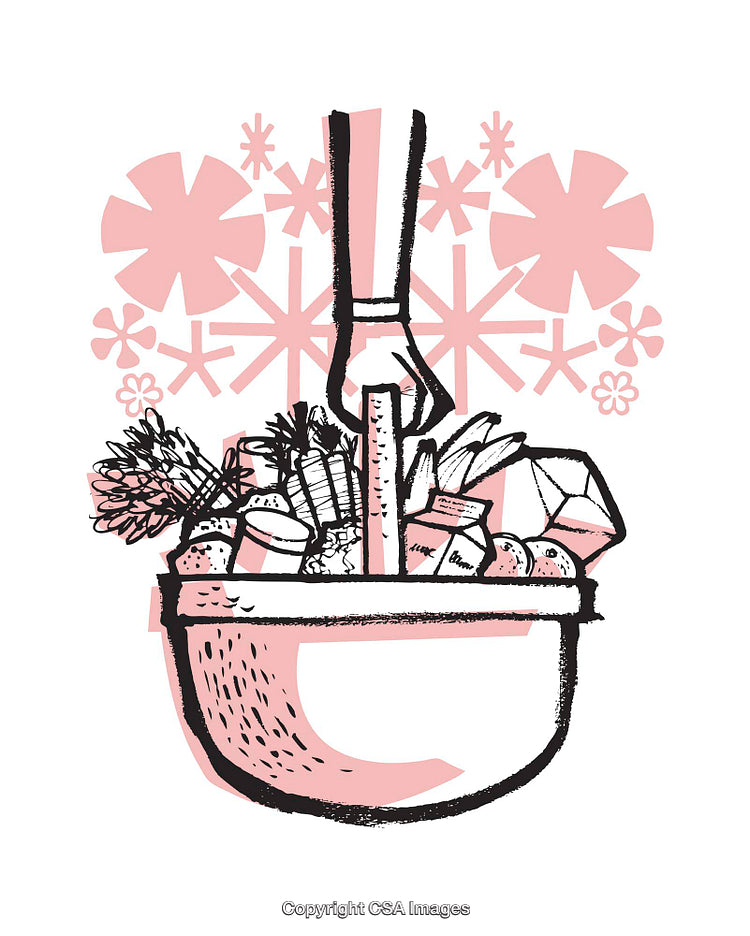 Illustration of a Food Bowl Surrounded by Retro-Style Patterns
