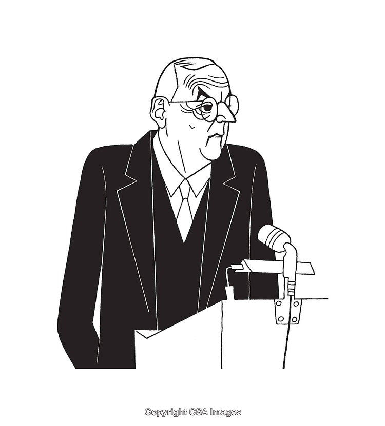 Black and White Illustration of a Speaker at a Podium