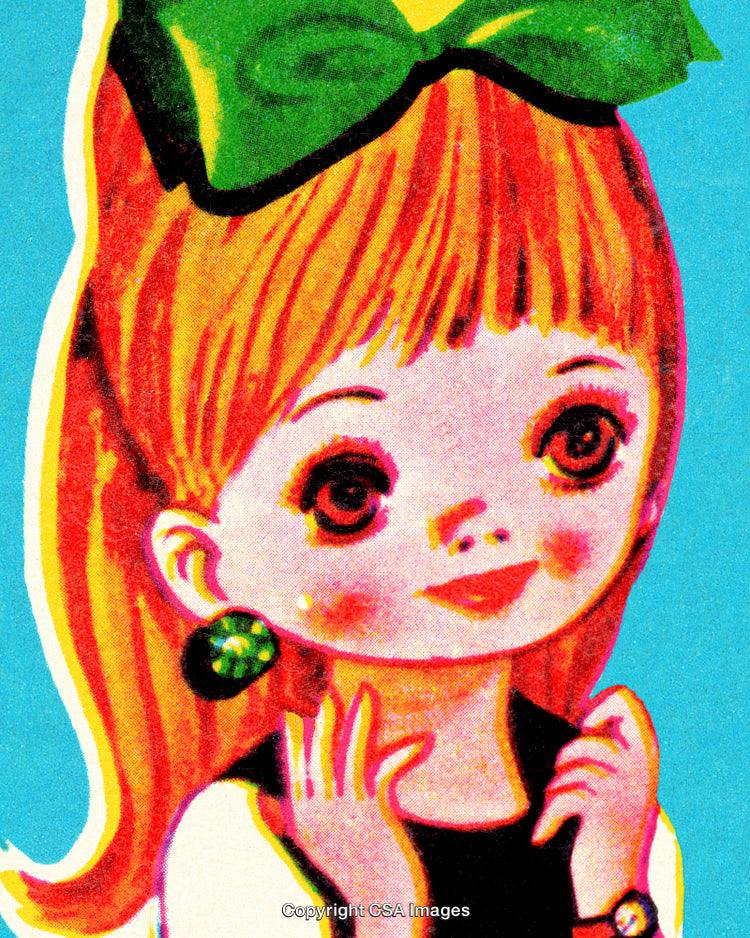 Vintage Illustration of a Girl with a Green Bow in Her Hair