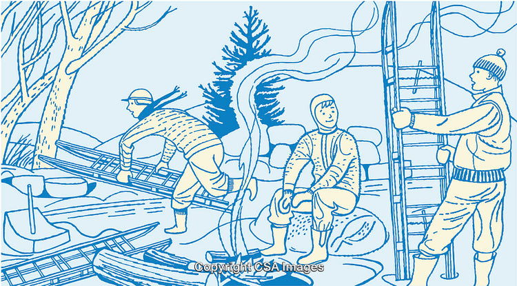 Outdoor Scene of Teamwork in Forested Winter Setting with Ladder and Tools