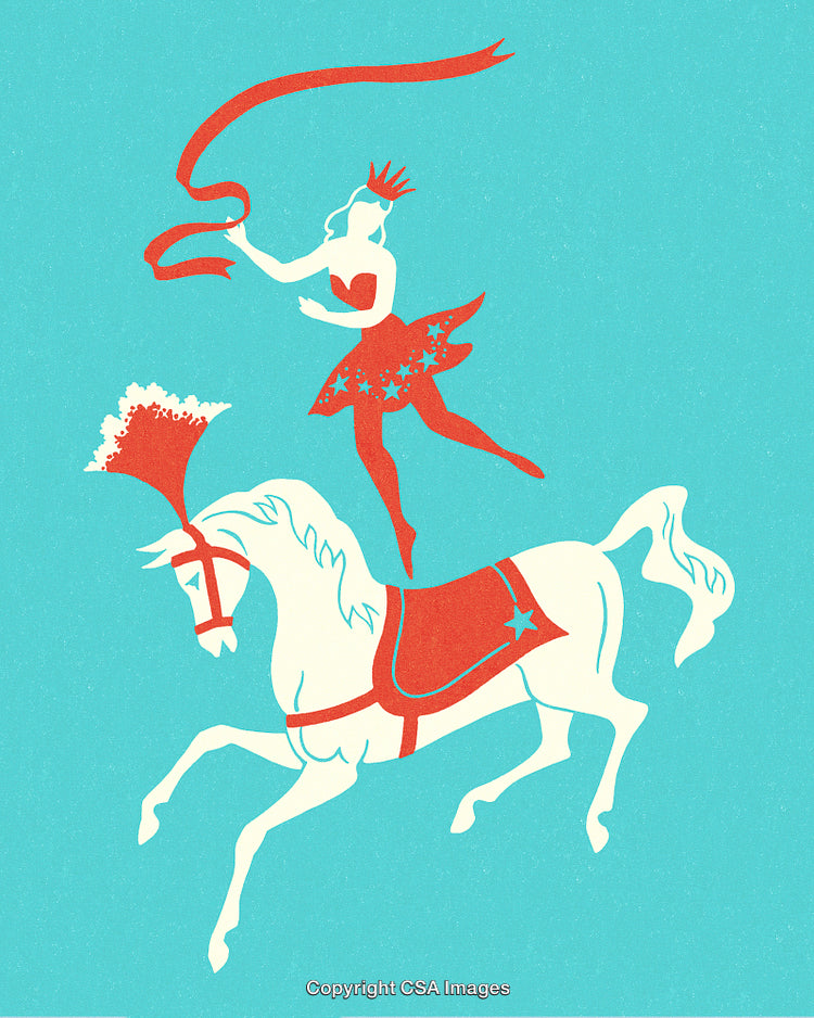 Graceful Acrobatic Performer on a Decorated Horse with Flowing Ribbon Display