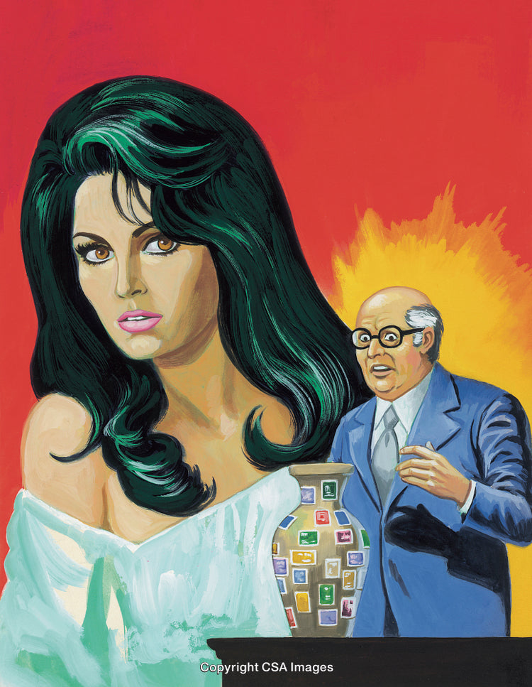 Vintage Artwork Depicting Woman and Surprised Man with Stamp-Covered Vase