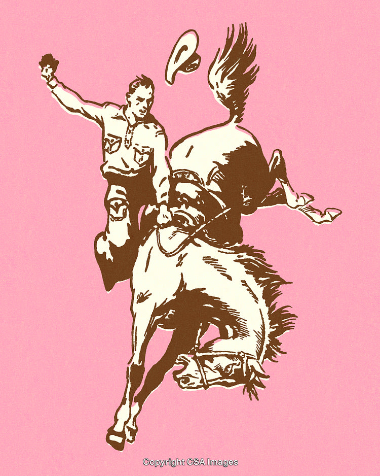 Western Cowboy Riding a Bucking Horse on a Pink Background Illustration