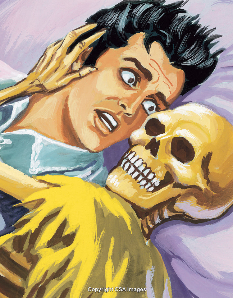 Shocked Man Facing Skeletal Figure in Vibrant Retro Comic Style
