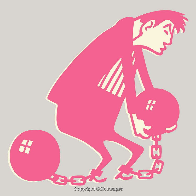 Pink Illustration of a Bound Worker Highlighting Feeling Overburdened