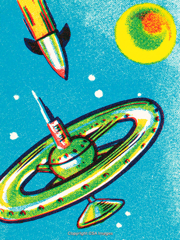 Retro Science Fiction Space Scene with Spaceship and Space Station Design
