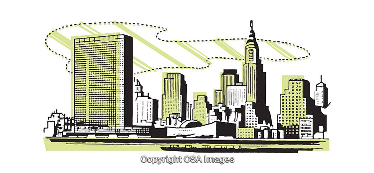 Stylized Illustration of an Urban Skyline with a Retro Art Design