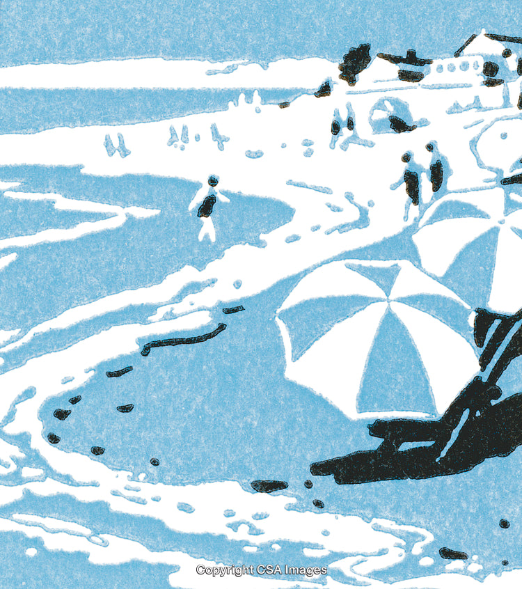 Illustrated Coastal Beach Scene with Umbrellas and Figure Silhouettes