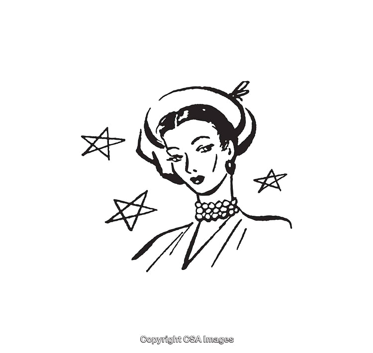 Vintage Line Art of Elegant Woman With Stars in Black and White