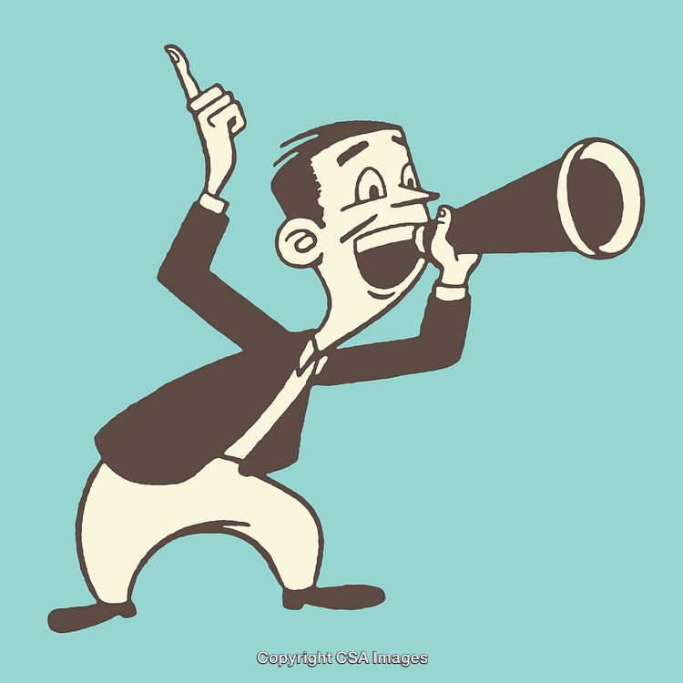 Vintage Cartoon Character Shouting Through a Megaphone on Turquoise Background