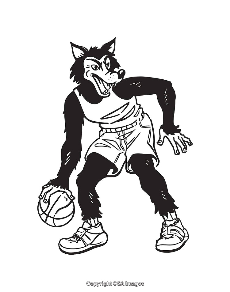 Black and White Illustration of Werewolf Holding Basketball in Action Pose