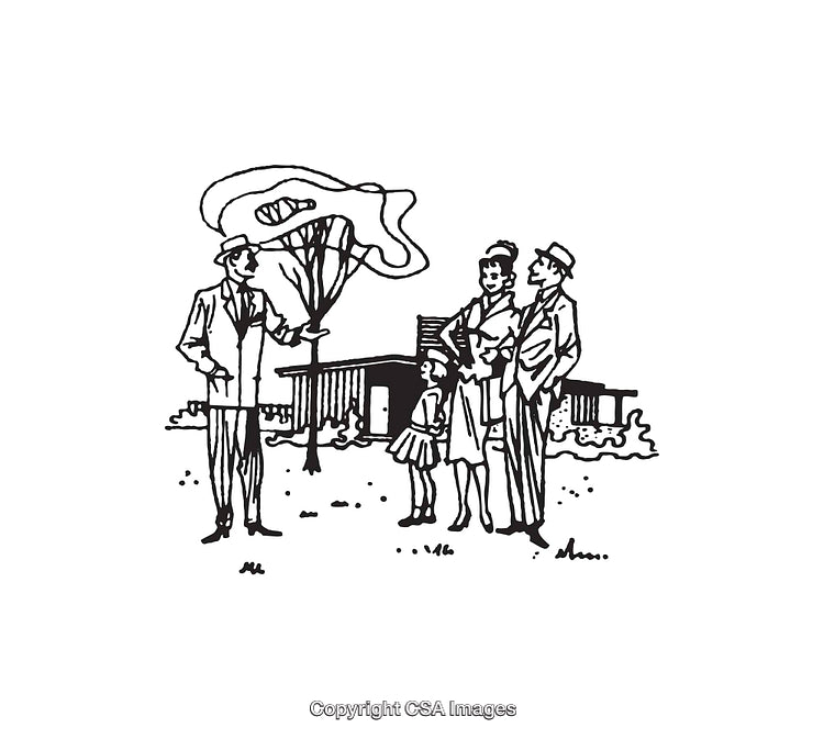 Line Art Illustration of Two Families Engaged in a Backyard Conversation