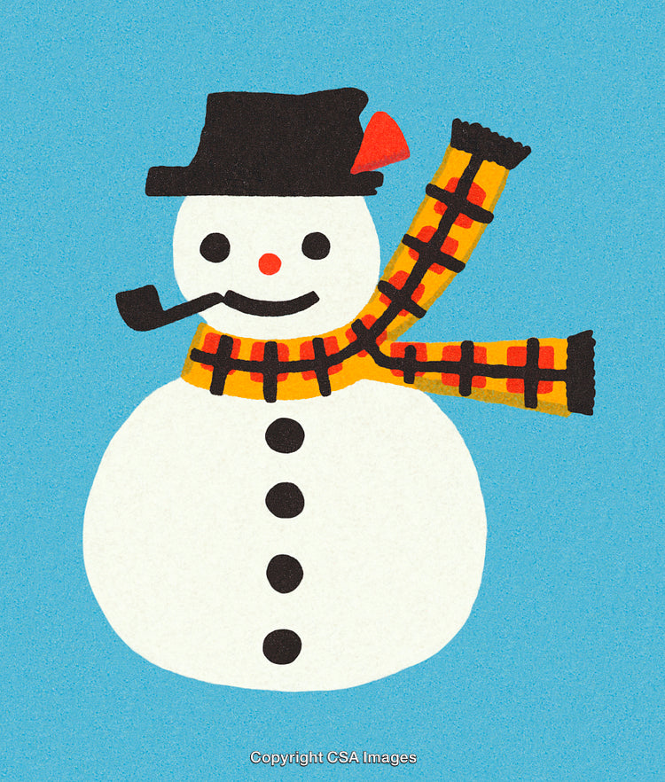 Classic Snowman Illustration with Hat, Scarf, Pipe on Blue Background