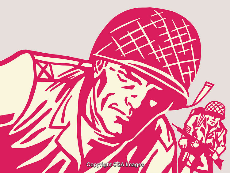 Retro-Line Art of Soldiers in Combat Appears in Stylized Purple Tones